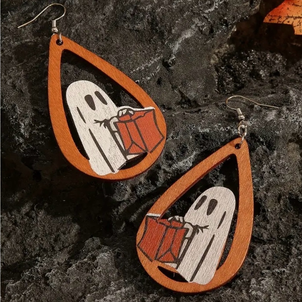 Halloween trick or treat ghost Wooden Dangle Earrings